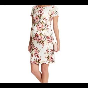 Pink Floral Fitted Short Sleeve Maternity Dress